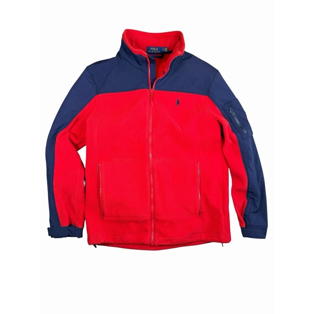 Polo Ralph Lauren Fleece Jacket Mens Small Red Blue Full Zip Colorblock Coat